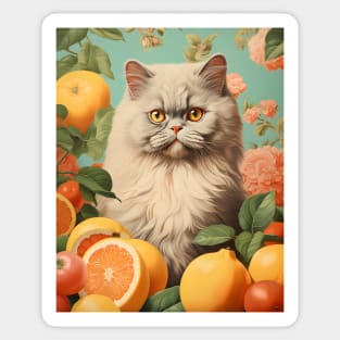 Vintage Persian Cat Collage Surrounded by Citrus Fruit - Unique Cat Art Sticker